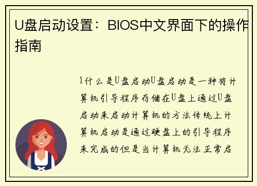 U盘启动设置：BIOS中文界面下的操作指南